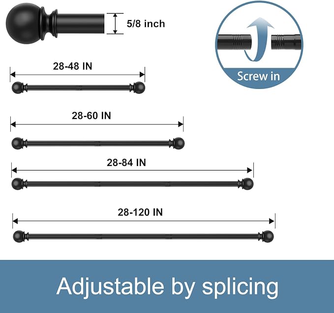 Black Curtain Rods for Windows 48 to 84 or 88 Inches Max, 5/8 Inch Diameter - Image 5