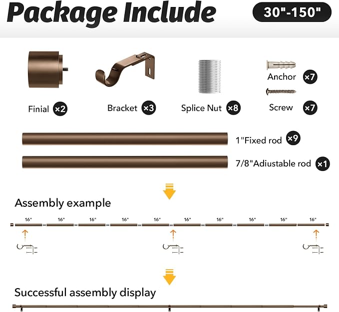 GEEBOBO Bronze Curtain Rods for Windows 72 to 144 Inch, 1 Inch Long Adjustable - Image 6