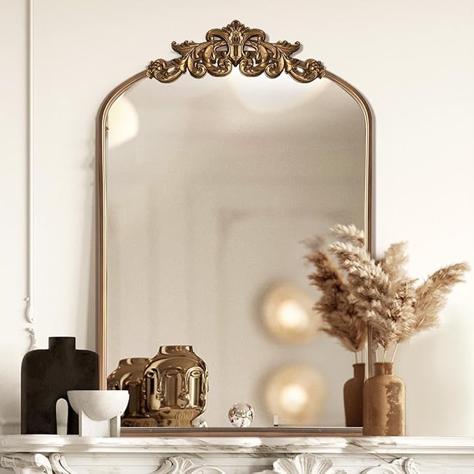 WAMIRRO Ornate Gold Mirror,Vintage Arched Baroque Antique Mirorrs for Living Room Hallway Fireplace Bathroom Entryway 19"X27"