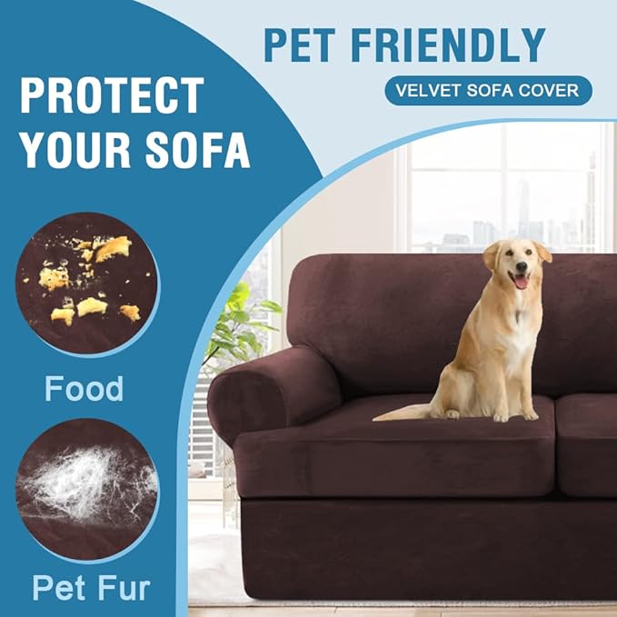 H.VERSAILTEX Sofa Cover 3 Piece T Cushion Sofa Slipcovers Thick Velvet Couch Cover Furniture Protector Stretch T Cushion Sofa Covers for 2 Cushion Couch with 2 T Cushion Covers Washable, Brown