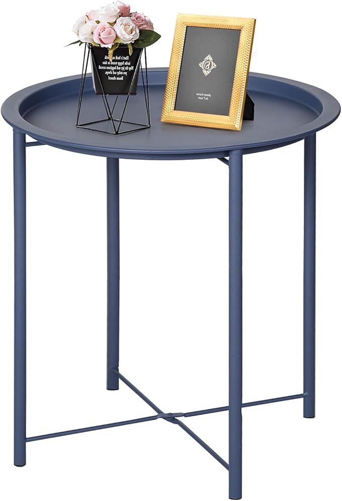 VECELO Side/End Table, Folding Round Metal Anti-Rust and Waterproof Outdoor or Indoor Tray for Living Room Bedroom Balcony and Office, 1 PCS, Blue