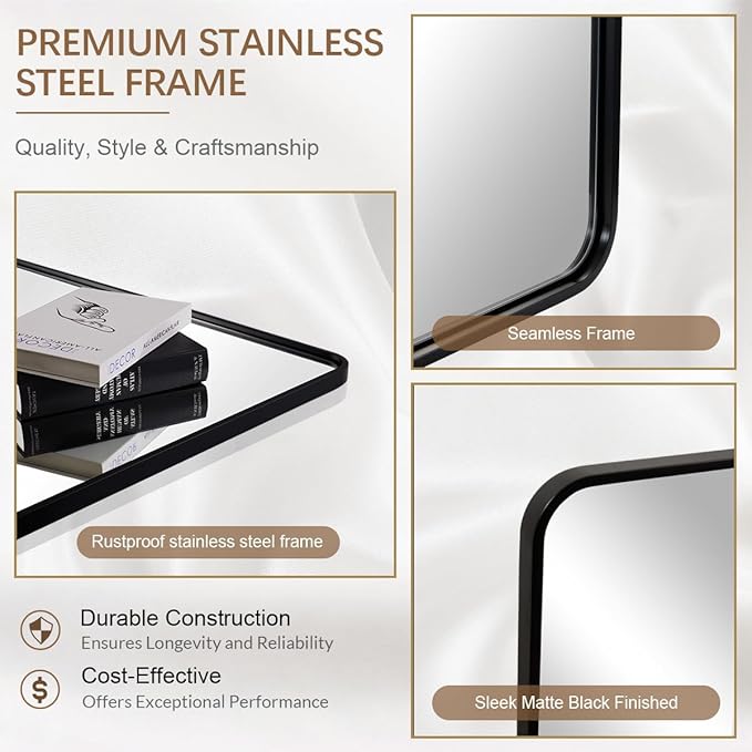ANDY STAR 48X32 Inch Black Bathroom Mirror, Black Bathroom Vanity Mirrors for Wall, Rounded Rectangle Mirror for Bathroom, Seamless Tube Metal Frame, 1’’ Deep Wall Mounted Vertical/Horizontal