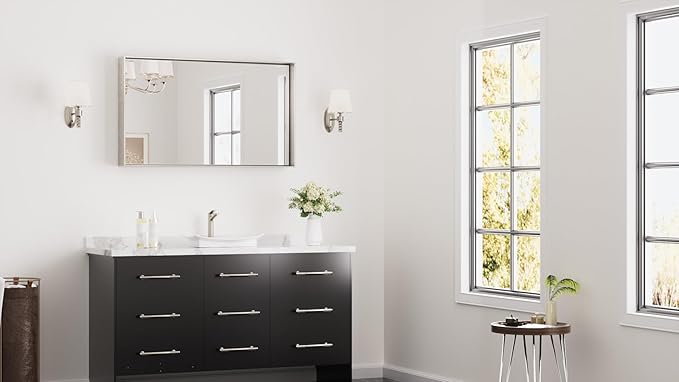 Keonjinn 40 x 24 in Brushed Nickel Bathroom Mirror for Wall, Silver Rectangular Metal Framed Vanity Mirror for Bathroom Sink Square Corner Aluminum Alloy Modern Rectangle Mirror(Horizontal/Vertical)