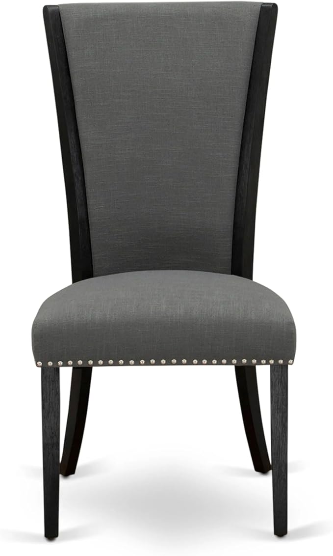 X02VE-206-50 - 5-pc Dining Room Table Set a Rectangular Dining Table and 2 wooden Benches and 2 Dark Gotham Grey Linen Fabric Chairs, 39x120 Inch, Wire Brushed Black