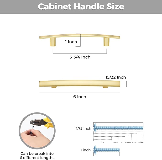 5 Pack Cabinet Handles 3.75" Hole Center - Curved Cabinet Pulls Brushed Brass Drawer Pulls for Kitchen Cupboard Solid Handles for Dresser Drawer Arch Closet Hardware
