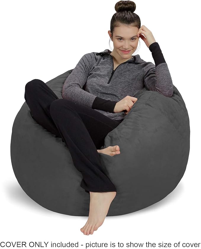 Sofa Sack Bean Bag Chair Cover Only, for Adults and Kids, Without Filling Comfy Fluffy Round or Oval Beanbag Chair Cover Replacement, Lazy Sofa Cover for Reading Chair or Floor Chair, 3 Foot, Charcoal