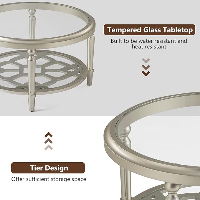 COSIEST Glass Coffee Table, 32" Round Coffee Tables with Storage, 2-Tier Glass Top, Clear Coffee Table, Simple & Modern Center Table for Living Room or Home Office (Champagne)