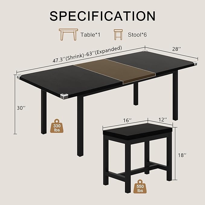 7-Piece Dining Table Set, 63" Extendable Kitchen Room Table with 6 Stools, Mid Century Modern Dinner Table with Metal Frame & MDF Board, Space-Saving, Easy Assembly, Black