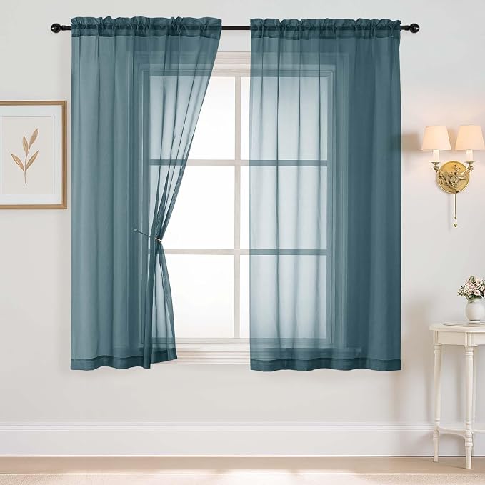 Dusty Blue Sheer Curtains 63 Inch Length 2 Panels, Voile Sheer Curtain by Home