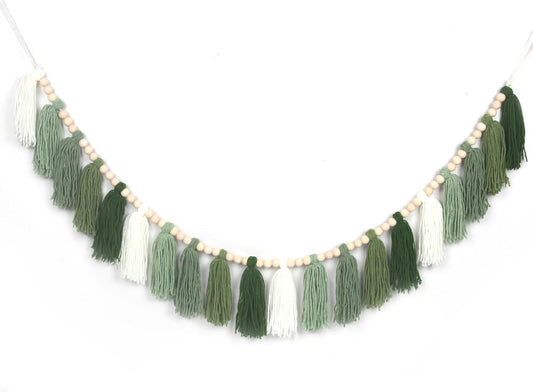 Green Boho Yarn Tassel Garland Sage Green Garland Wall Hanging Decor Forest Woodland Tassel Banner with Beads for Nursery Classroom Office Birthday Party Kids Room Baby Shower Decoration