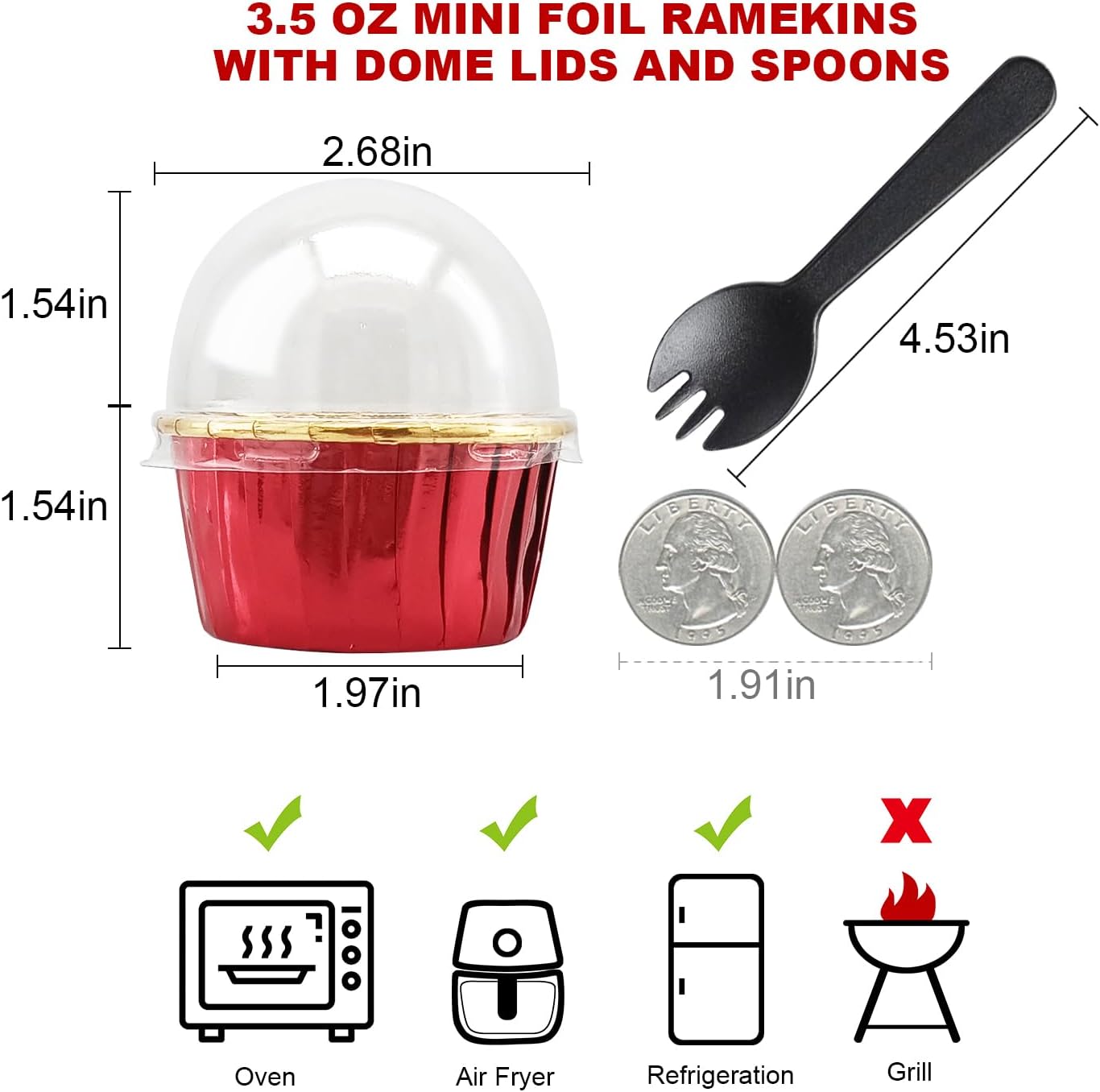 Foil Cupcake Liners with Dome Lids 100Pack,Free-Air 3.5Oz Cups for Baking,Disposable Ramekins Muffin Tins Cupcake Wrappers, with Spoons-Red in gold