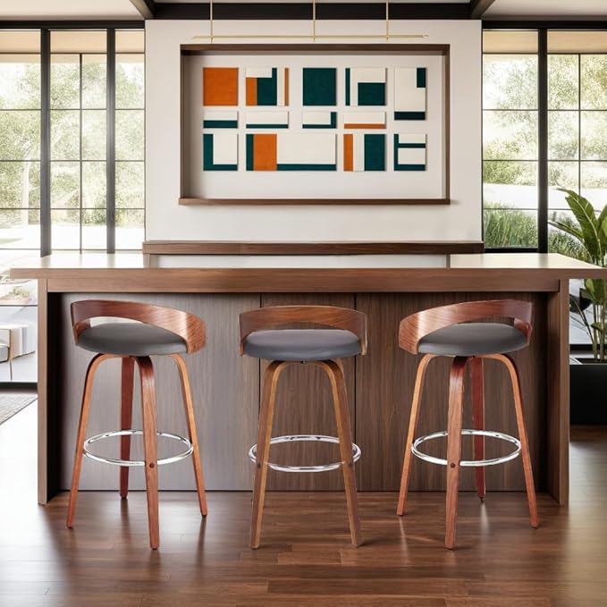 Armen Living Sonia 30" Bar Height Swivel Gray Faux Leather and Walnut Wood Bar Stool - Set of 3