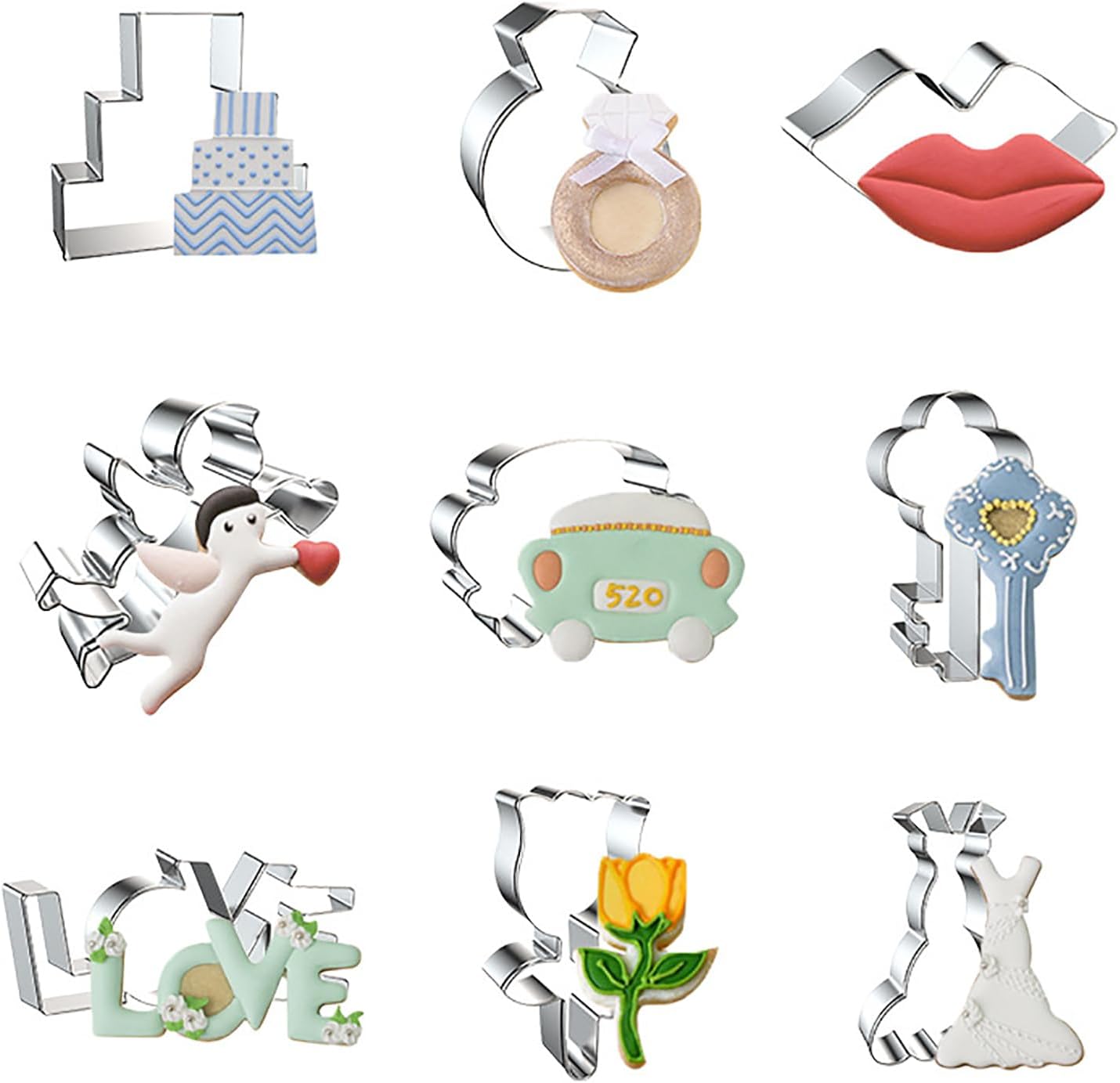 Wedding Cookie Cutters 9-Pc Set - Wedding Cake Diamond Ring Lips Cupid Wedding Car Key Love Rose Wedding Dress - A