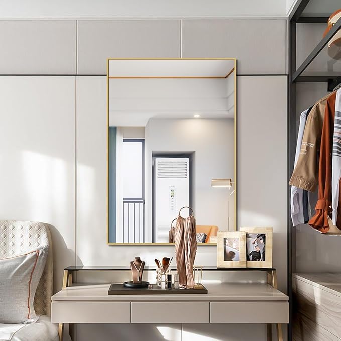 Koonmi Gold Rectangle Wall Mirror, 24x32 Inch Bathroom Mirror, Aluminum Frame Vanity Mirror for Entryway, Living Room, Bedroom Bathroom, Hangs Horizontally or Vertically