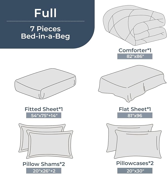 HEVUMYI Full Comforter Set - 7-Piece All Season Bed in a Bag Full, Ultra Soft Bedding Set with Comforter, Flat Sheet, Fitted Sheet, Pillowcases, Pillow Shams, Black & Light Grey
