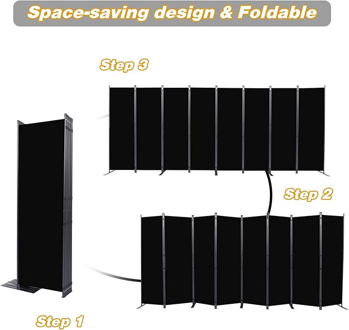 Room Divider, 8 Panel Folding Privacy Screens with Wider Support Feet, 6 Ft Portable Room Partition for Room Separator, 176" W X 71" H, Black