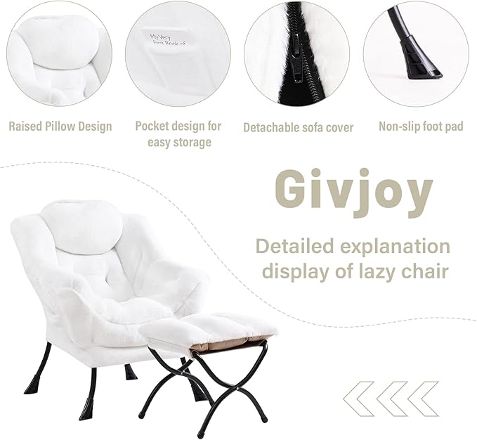 Cozy Lazy Chair and Ottoman, Large Contemporary Accent Lounge Chair Set, Leisure Upholstered Reading Armchair for Bedroom, Living Room, Dorm Rooms, Office