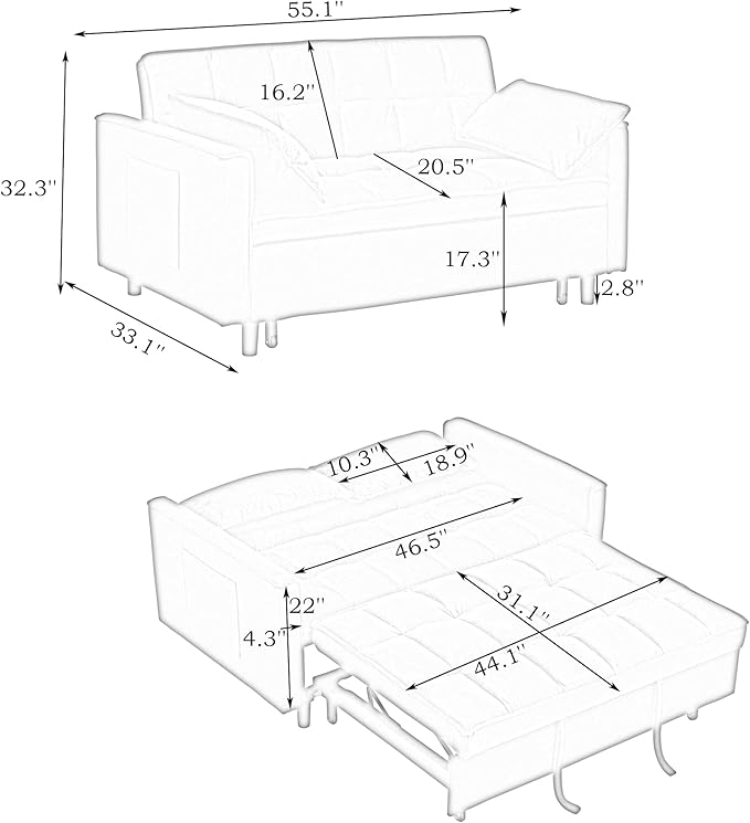 Ball & Cast Convertible Sofa Bed,Loveseat Sleeper Sofa W/Pull-Out Bed,Convertible Pull Out Couch W/2 Pillows,Adjustable Backrest&Side Pocket,Corduroy Futon Couches for Living Room,Apartment,Orange,54"