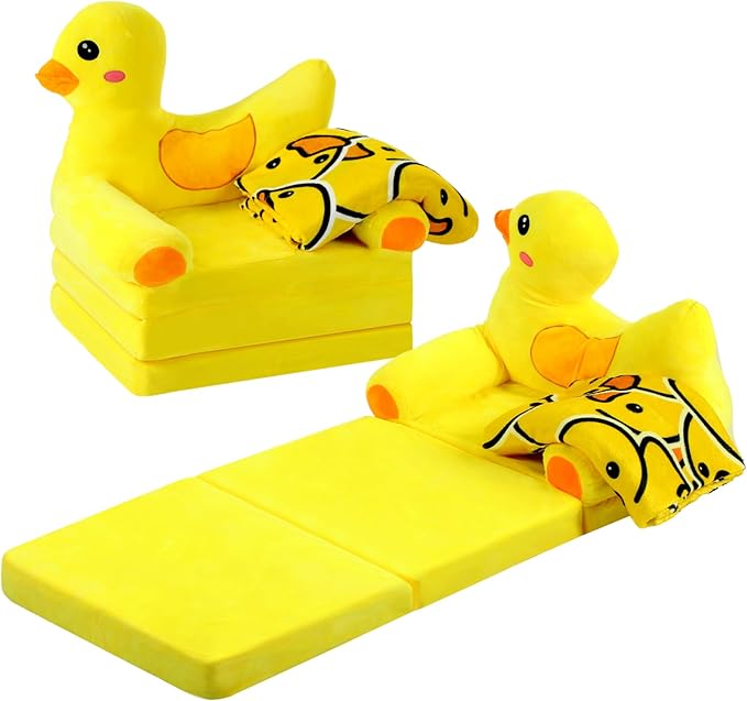 Duck Kids Couch Fold Out 2-in-1 Toddler Sofa Fold Out with Blanket, Soft Toddler Chair Comfy for Boys Girls Baby, Convertible Sofa to Lounger for Napping Reading Playing Christmas, Yellow