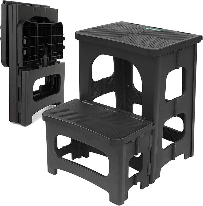 Folding 2-Step Stool for Adults Kids Non-Slip Collapsible Portable Step Stool for Kitchen Home Toilet Bedroom Office Bathroom Rv,Holds 300 Lbs(Black)