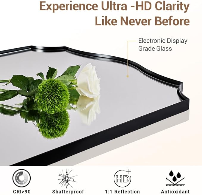 ANDY STAR 30x40 Inch Matte Black Mirror, Large Asymmetrical Wall Mirror in Premium Stainless Steel Metal Thin Frame Deep 1’’, Modern Rectangle Mirror with Unique Wavy Design Ideal for Home Decor