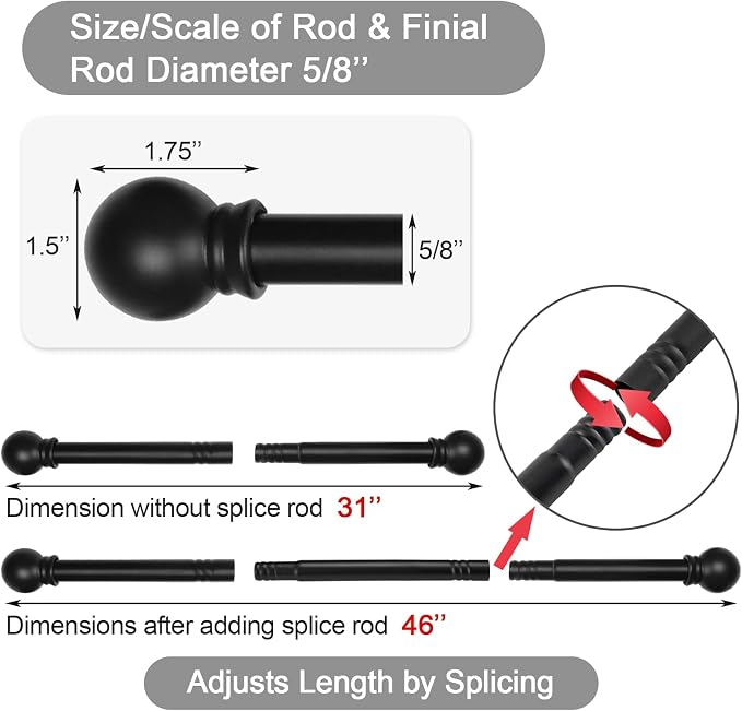 Thestoa Curtain Rods for Windows 31 or 46 Inch, 5/8" Diameter Black Curtain Rod - Image 3