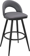 Armen Living Charlotte Swivel Bar Stool in Black Metal with Grey Faux Leather