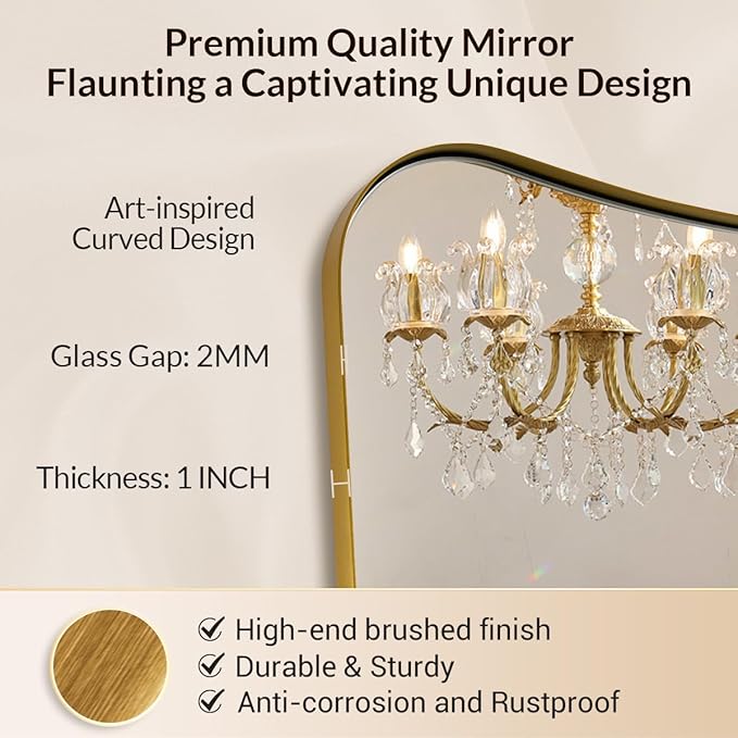 Brushed Gold Bathroom Mirror, 24x40 Inch Gold Irregular Bathroom Vanity Mirror, Gold Asymmetric Mirror with Stainless Steel Frame, Metal Framed Wall Mounted Accent Mirror Vertical Only