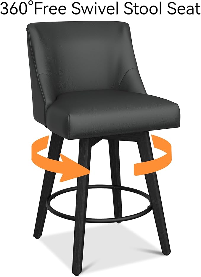 Counter Height Bar Stools Set of 4, Modern Swivel Barstools with Back and Wood Legs, Faux Leather Upholstered Bar Chairs, 26" H Kitchen Counter Stools, Kitchen Island Home Bar, Black Grey