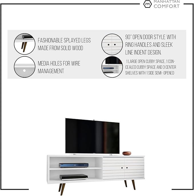 Manhattan Comfort Liberty Collection Mid Century Modern TV Stand With One Cabinet and Two Open Shelves With Splayed Legs, Wood/White, Medium, Model Number: 201AMC69