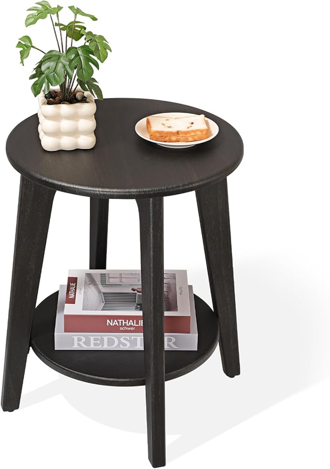 Round Side Table Black Gold Wooden End Table with Lower Shelf Rustic Vintage Nightstand Beside Table for Living Room Bedroom Small Spaces