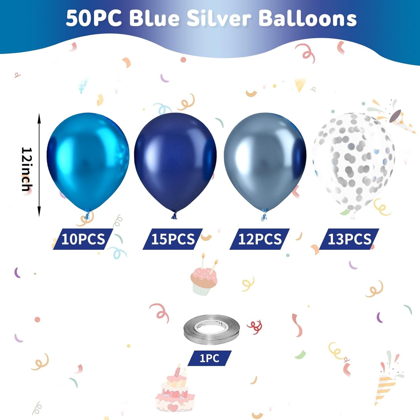 Blue Balloons, 50pcs Metallic Blue Balloons, Metallic Baby Navy Balloon, Silver Confetti Balloon for Men Boys Birthday Gender Reveal Baby Shower Party Wedding Bridal Shower Father's Day Graduation