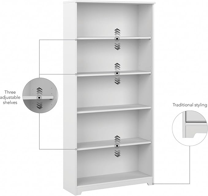 Bush Furniture Tall 5 Shelf Bookcase, Large Open Bookshelf, Sturdy Display Cabinet for Living Room or Home Office, Cabot Collection, White