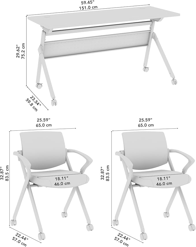 Bush Business Furniture Folding Training Table Set for 2, 60 inch Desk with Powered Grommets and 2 Chairs with Arms, Commercial-Grade Bundle for Office or Classroom, Envision Collection, Gray