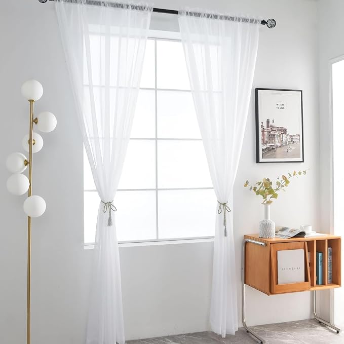 SpaceDresser Sheer White Curtains 4 Panels Rod Pocket Semi-Sheer Curtain 54 - Image 4