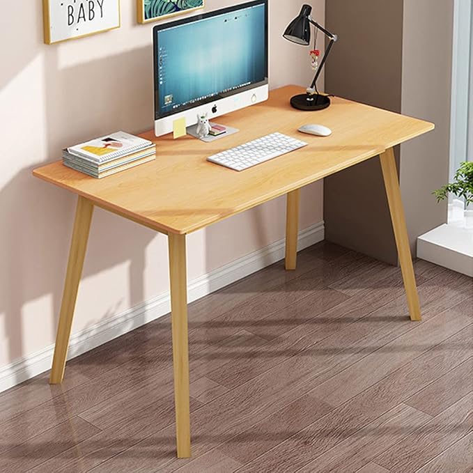IOTXY Simple Wooden Writing Desk - Modern Minimalist Style PC Laptop Computer Workbench with Solid Wood Legs, 55" W Home Office Work Table for TV Stand Music Video Live Broadcast Workstation, Oak
