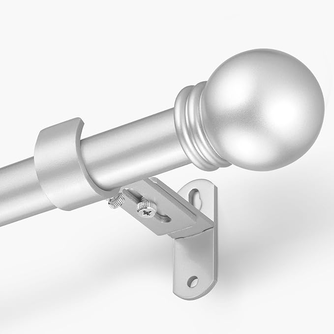 Curtain Rods for Windows 16 to 92 Inches, Curtain Rod Max Adjustable Length of 104 IN, 6/8" Diameter Drapery Rods Round Finials, Satin Silver, Pack of 1