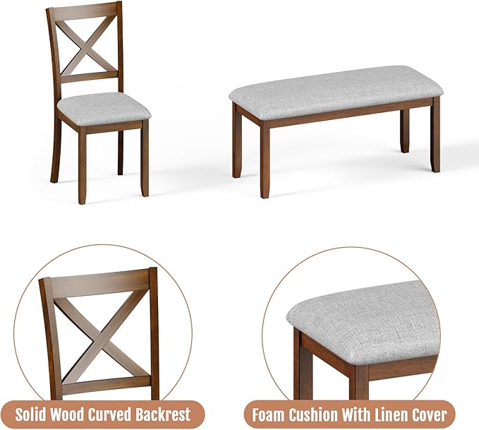 6-Piece Solid Wood Dining Table Set, Including 1 Dining Table, 4 Upholstered Chairs and 1 Bench, Wooden Dining Table Set for Kitchen, Dining Room, Walnut