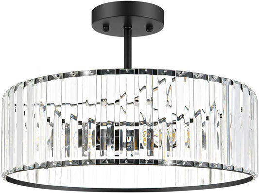 Modern Crystal Ceiling Light Fixture, Semi Flush Mount Ceiling Light, Matte Black Hallway Lighting Fixtures Chandelier, Crystal Chandelier for Kitchen Bedroom Dining Room Closet, 5-Light, 16 Inch