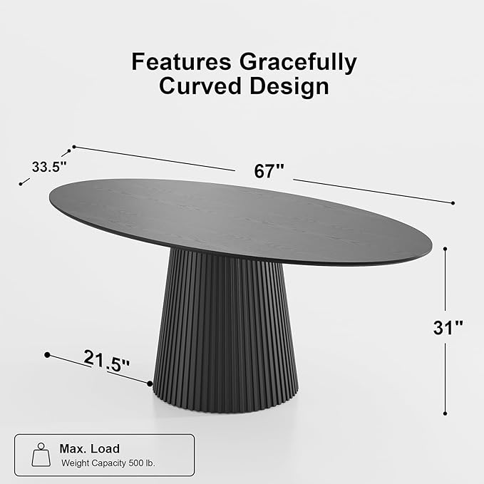 Casaphoria 67" Oval Dining Table, Modern Wood Kitchen Table with Cone Shaped Stripe Base for Living Room & Dining Room, Easy Assembly Farmhouse Furniture for 4-6, Black