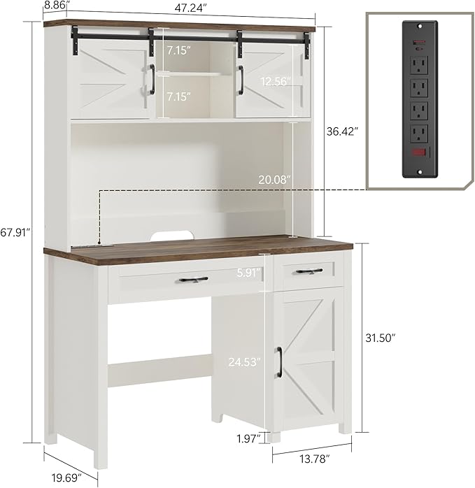 Farmhouse 47" Executive Desk, Computer Desk with 2 Drawers and Storage Cabinet, Home Office Desk with Hutch, Charging Hub, Workspace for Work and Study, Antique White