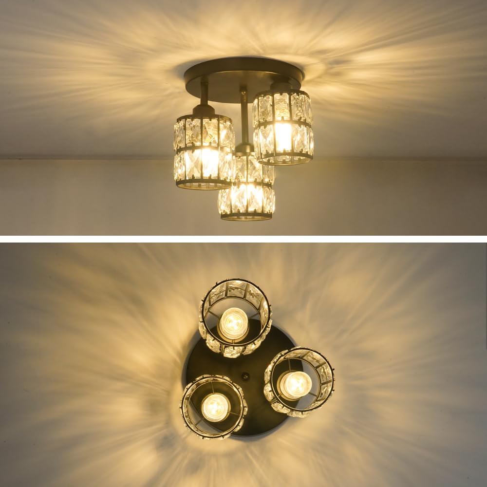 Modern Semi Flush Mount Ceiling Light, 3-Light Black Crystal Close to Ceiling Light Fixtures, Kitchen Light Fixtures with Clear Crystal Shade, Hallway Light Fixtures for Porch Bedroom Bathroom