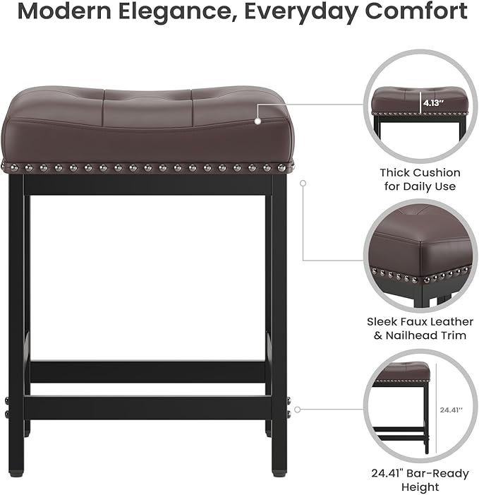 MALOL Set of 4 Saddle Bar Stools Counter Height 24.4”, Backless Barstools for Kitchen Island, Modern PU Leather Cushioned Seat, Bar Chairs for Kitchen Counter, Breakfast Bar Stools for Home,Brown