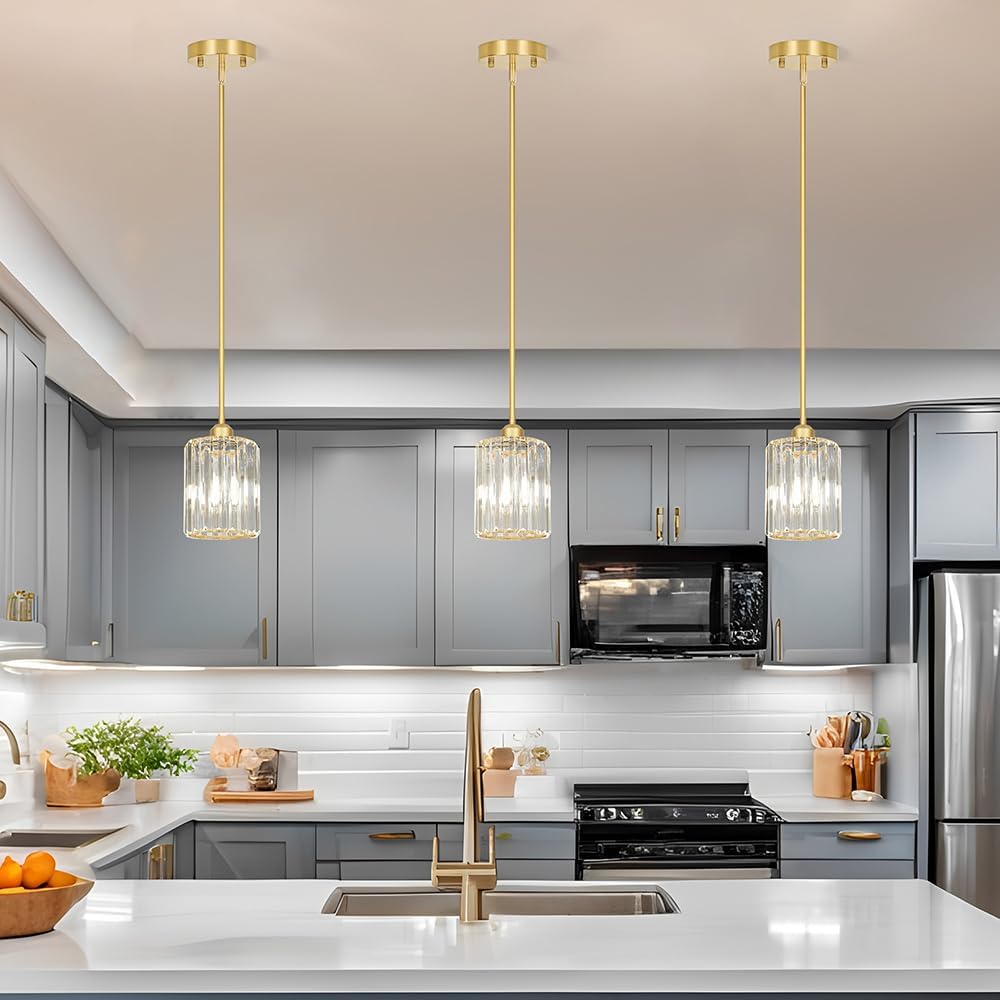 Gold Kitchen Pendant Lights Over Island with Adjustable Rods - Crystal Pendant Lighting Fixtures 3 Pack, Ideal Over Dining Table or Bar, E26 Bulb Compatible, No Electrician Needed