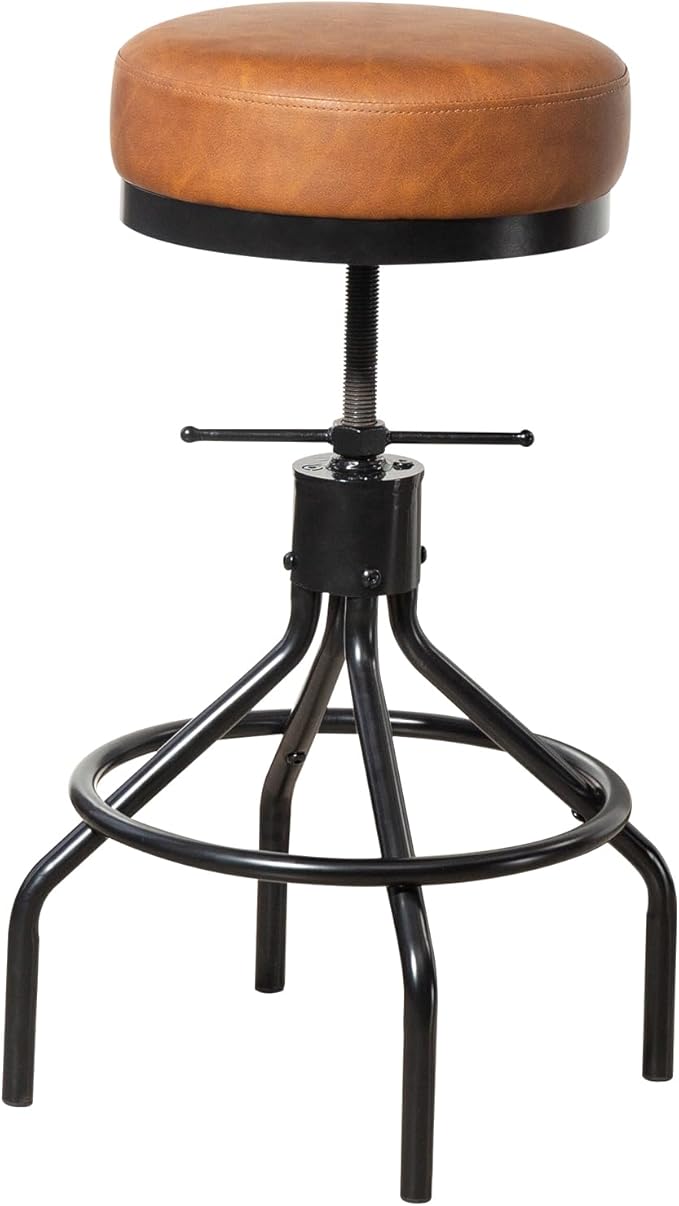 Industrial Bar Stools Adjustable Swivel Round Barstools Modern PU Leather 28inch Backless Counter Height Stool Metal Bar Chair for Kitchen Island (1, Brown)