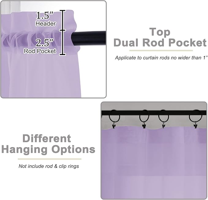 Kitchen Curtains 24 Inch Length Tier 2 Pieces, Lavender Sheer Curtain Solid - Image 4