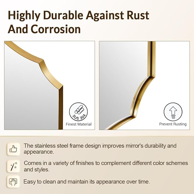 Gold Bathroom Mirror, 24"x40" Gold Asymmetrical Mirror with Scalloped Edge Design, Curved Mirror in Anti-Rust SUS304, Thin Metal Framed, 1" Deep Wall Mounted Vertically/Horizontal