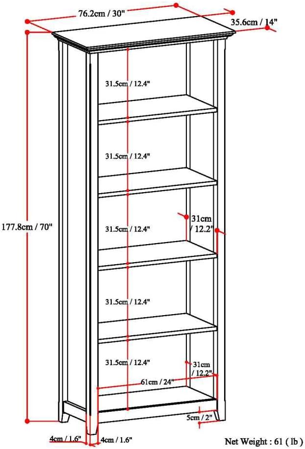 SIMPLIHOME Amherst Bookcase - 70 inch Tall 5-Shelf Solid Wood Bookshelf in White, Transitional Storage for Living Room, Study Room or Office with Adjustable Shelves and Tapered Legs