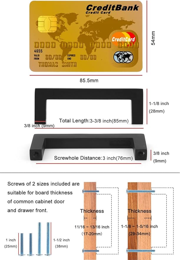 KOOFIZO Solid Square Bar Cabinet Handle - Black Furniture Pull, 3 Inch/76mm Screwhole Distance, 10-Pack for Kitchen Cupboard Door, Bedroom Dresser Drawer, Bathroom Wardrobe Hardware