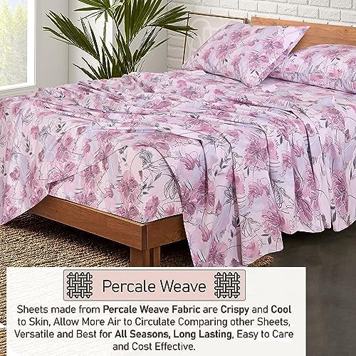 RUVANTI 100% Cotton Percale King Sheets, King Size Sheets Set, Lilac Floral - Image 3